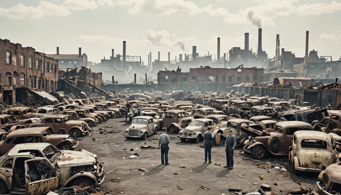 NYC 1935. Inner city auto wrecking yard, bleak, slum, rundown, many wrecked 1920's and 30's cars, circa 1935, more industrial slums in the b...