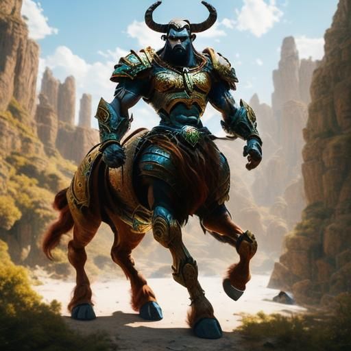 <lora:Centaur start imager:1.0>mighty horned centaur warrior, amazing detail, hd photography 