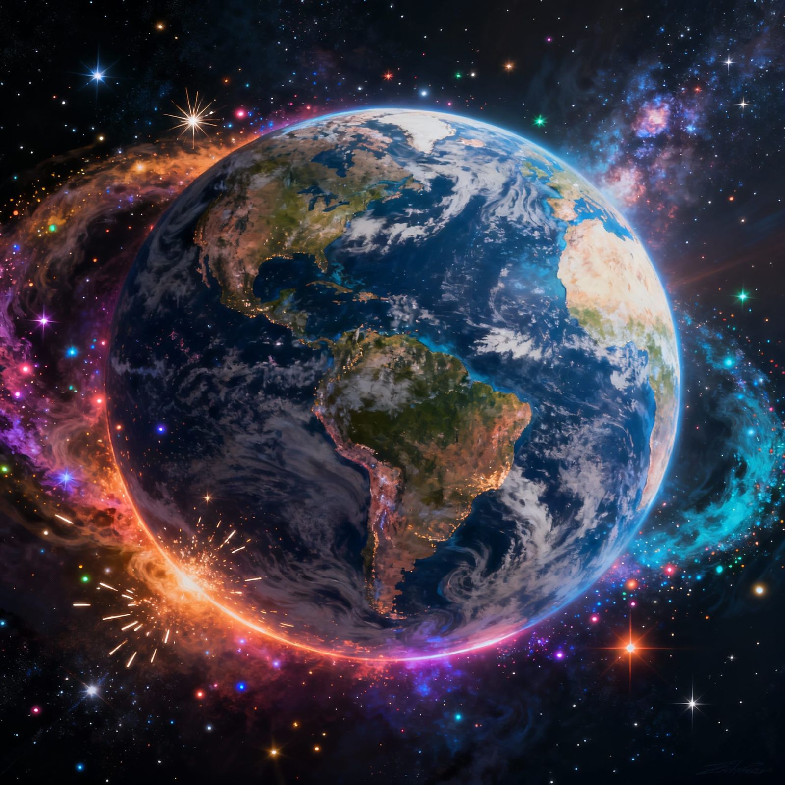 Fantasy Earth Orb with Galaxy Sparks in Deep Space
