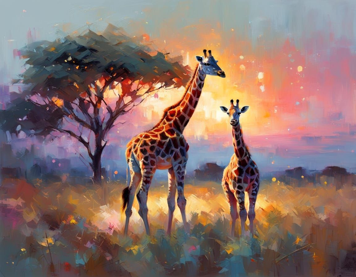 A oilpainting of giraffes  by @Ylona