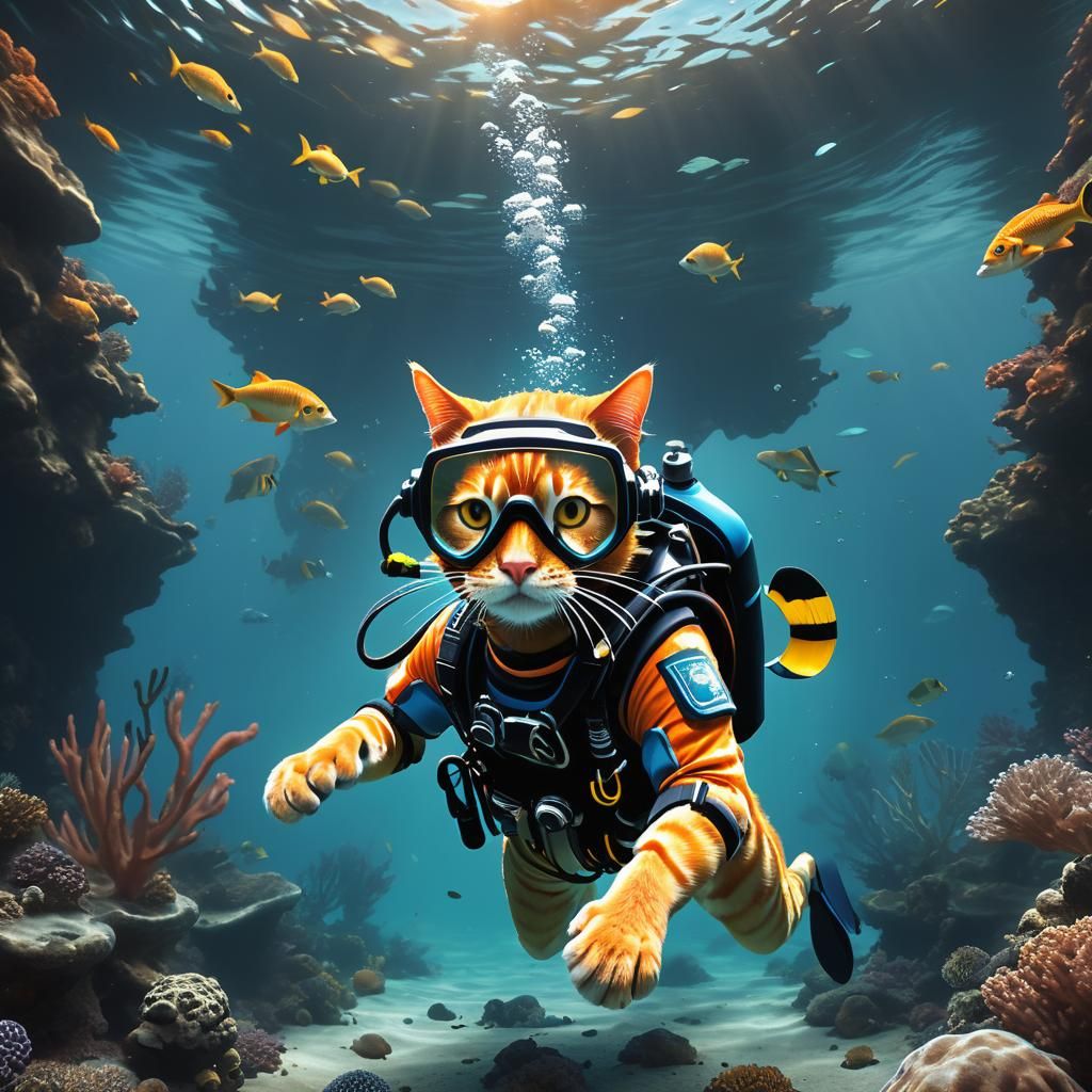 Scuba kitty likes fish  by @JMO