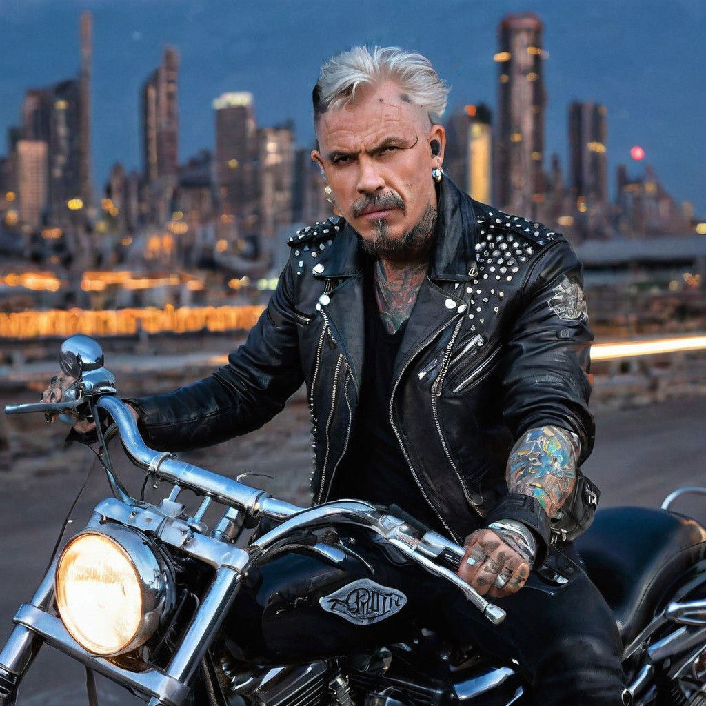 A grizzled biker, clad in a worn, black leather jacket adorned with metallic studs and spiked shoulders, sits astride a chromed-out motorcy...