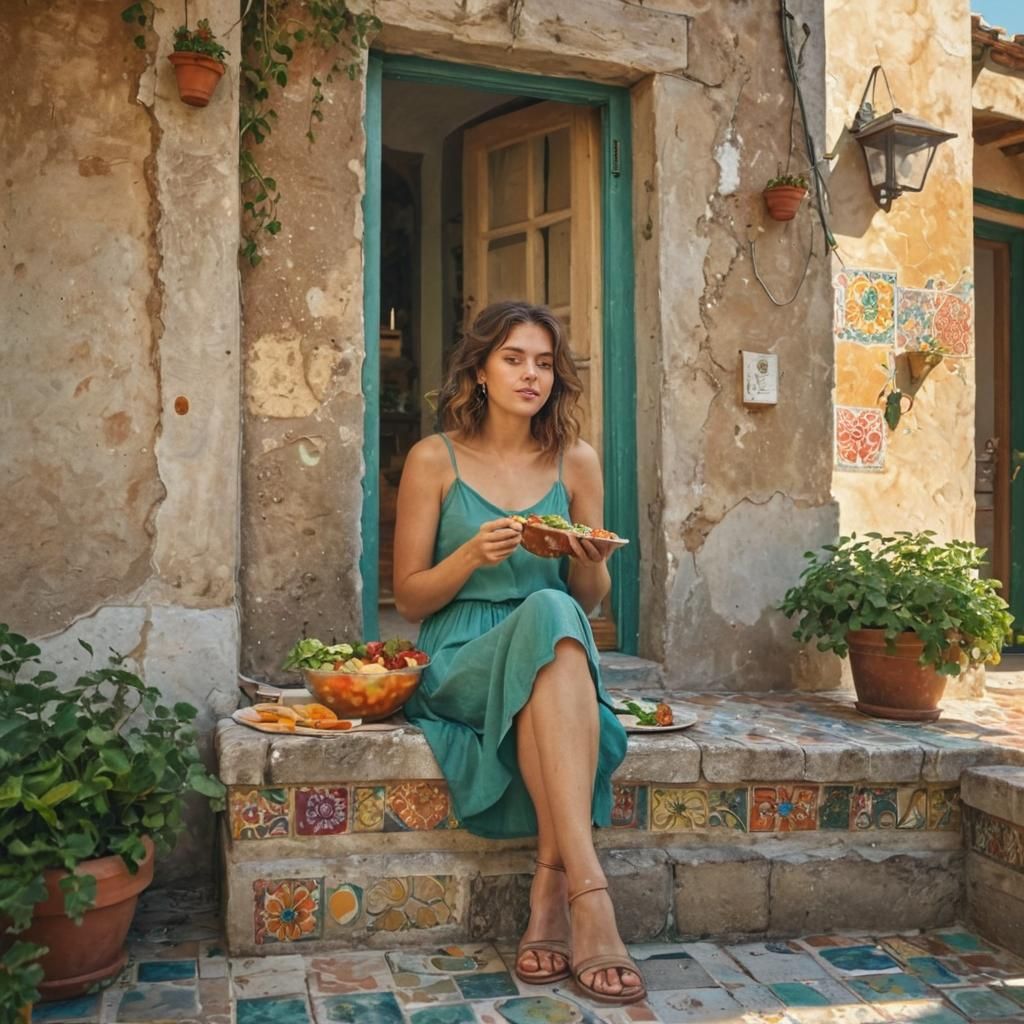 A contemporary millennial Italian woman sitting outside enjoying a salad.