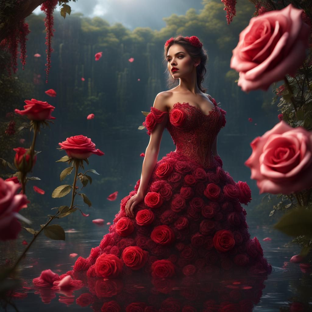 ninfa con un vestido traslucido de rosas rosas y labios rojo...