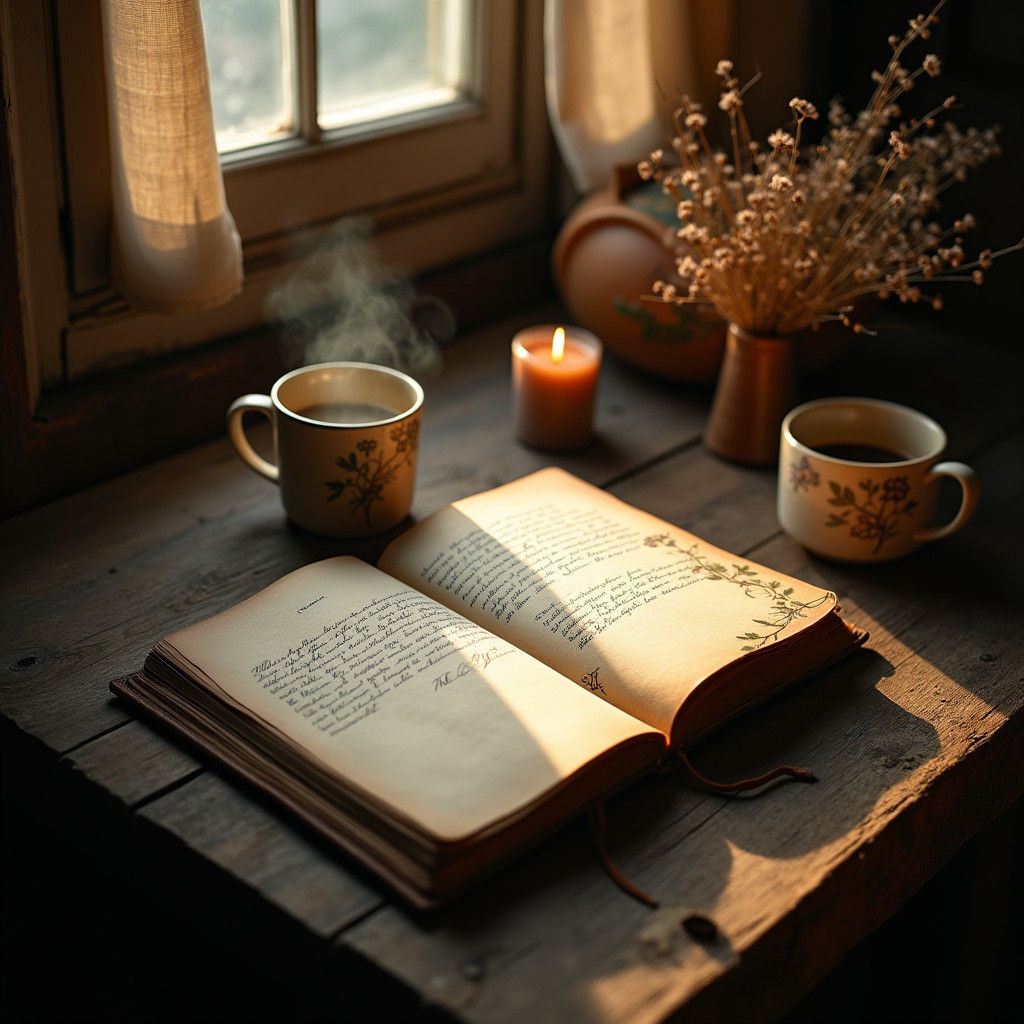 Intimate Journal Scene with Candlelight and Coffee