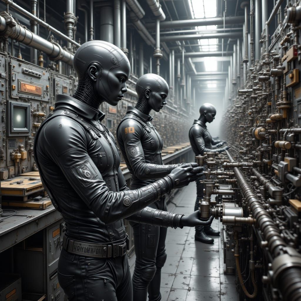 Futuristic Factory Workers Tend Complex Machines