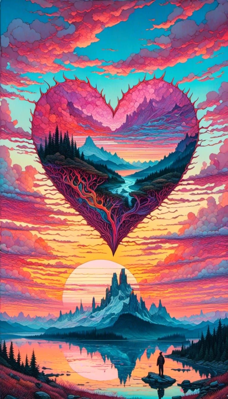heart shape sunset <lora:RDMagic:1.0> , iridescent colors, elaborate sci-fi synthwave retrofuturism, oil painting