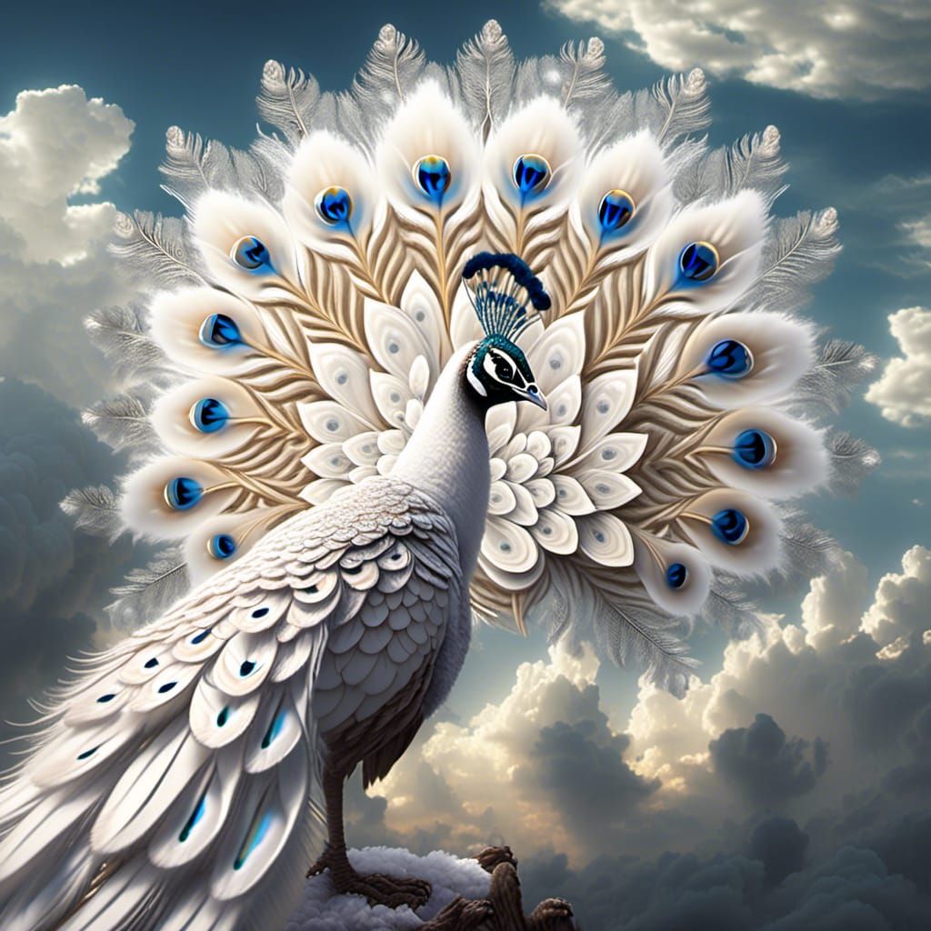 White Peacock in the Clouds: Hyperrealistic Detail