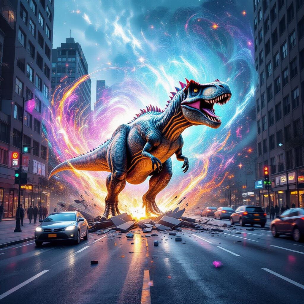 Dinosaur-like Creature Breaks Through City in Astral Style