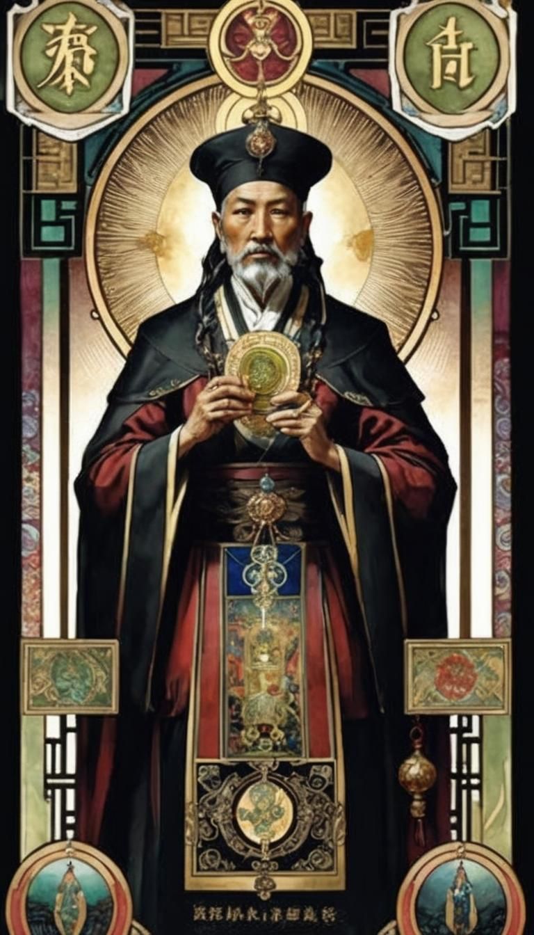 "Tarot Card Portrait", "The Hierophant", "Chinese Taoist sage", Hyperdetailed Alcohol Ink", Sanctuary, Tjalf Sparnaay, Alphonse Mucha