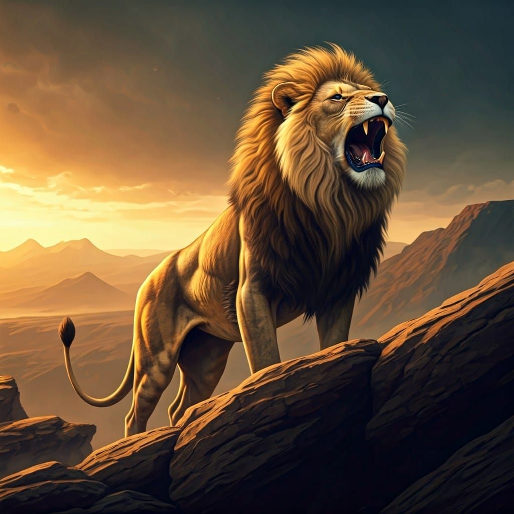 Regal Lion Dominates Cliffside Landscape in Golden Light