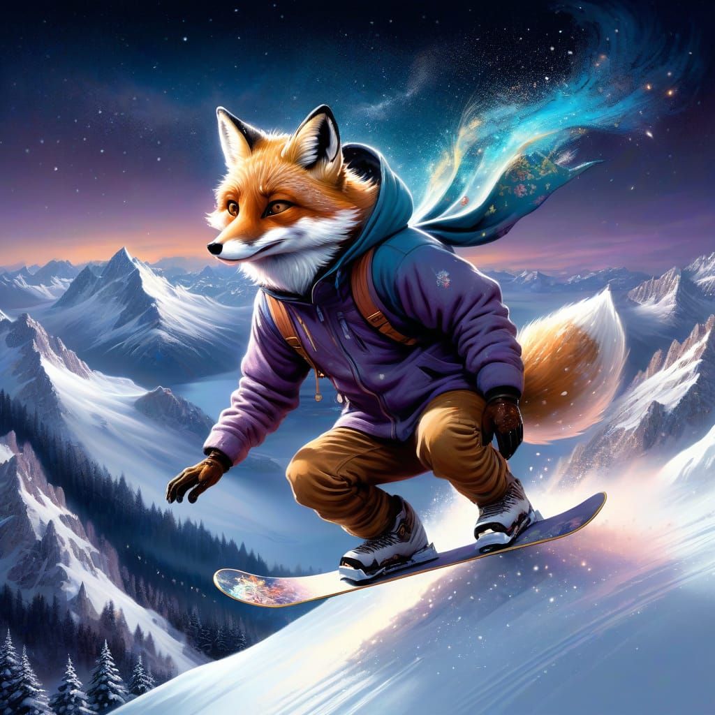 Hooded Fox snowboarding having fun