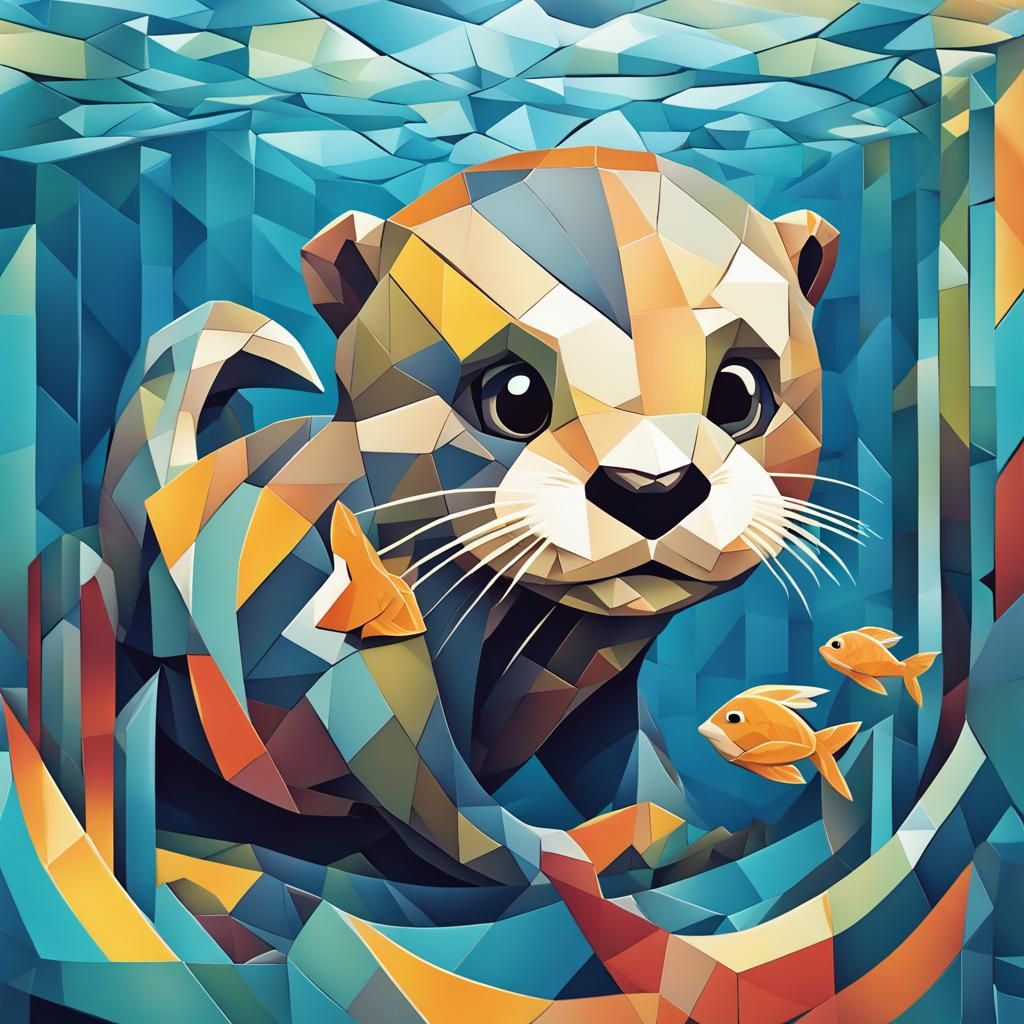 Underwater scene of Mosaic 3D baby otter  catching a fish