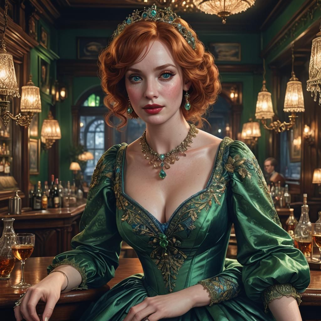 <A beautiful woman who looks like Christina Hendricks in a green Victorian gown, beautiful blue eyes,slight smile, hyper-detailed painting,...