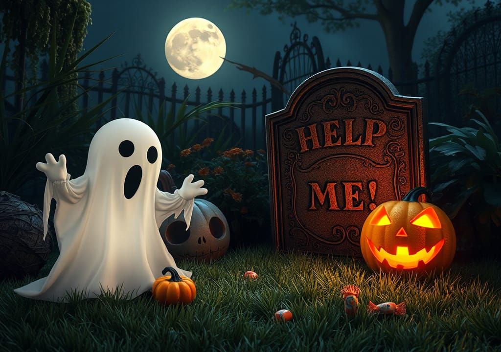 funny garden decorated for Hallowenn ; ghost toys, illumonated pumpkins, fake headstone with an inscription ...  by @Didier B