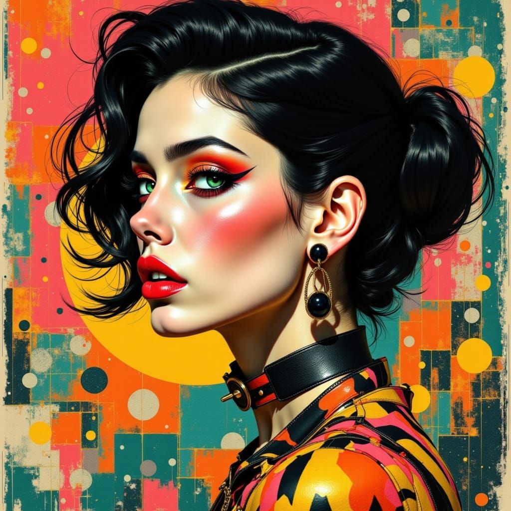 A stunningly alluring fashion model with intense green eyes and an alluring gaze, posed in profile with her head slightly tilted backwards, ...