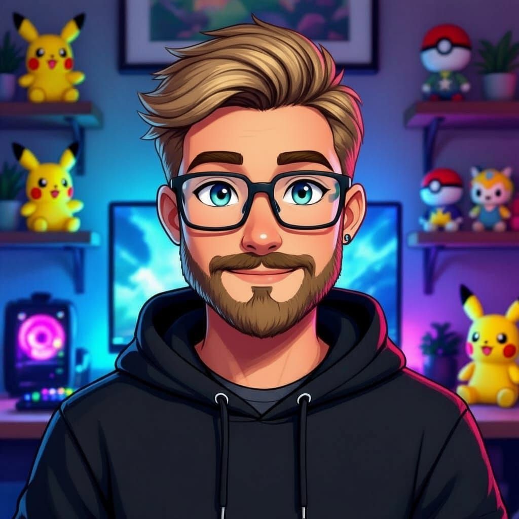 A cartoon-realistic portrait of a medium tanned male, 5’7”, 190 pounds, with short brushed-to-the-side dirty blonde hair, blue-green eyes, w...