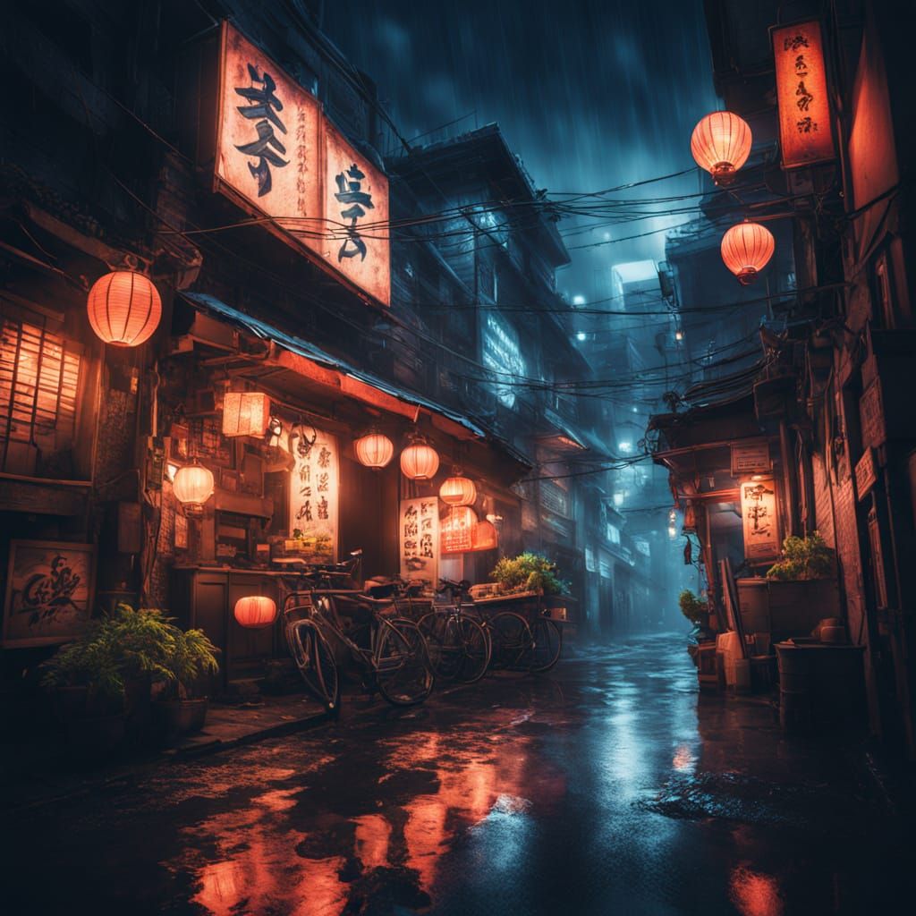 Cinematic cyberpunk alleyway at night