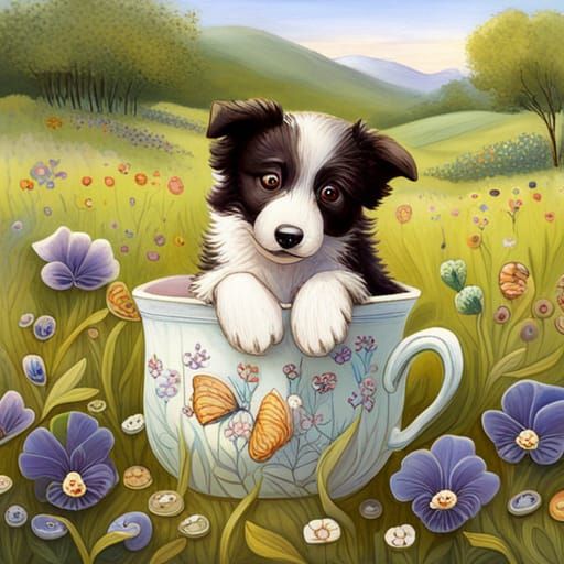 Cute Border Collie puppy tea cup / pansies - AI Generated Artwork -  NightCafe Creator