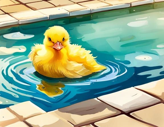 Adorable chibi duckling at the public swimming pool, wide round eyes, fluffy yellow feathers, irresistible ...  by @Deadend