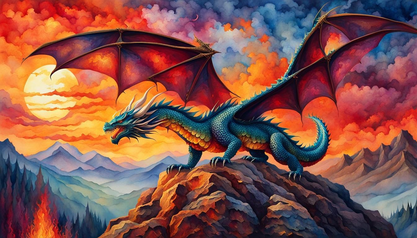 Majestic Winged dragon on fiery rocks - AI Generated Artwork ...