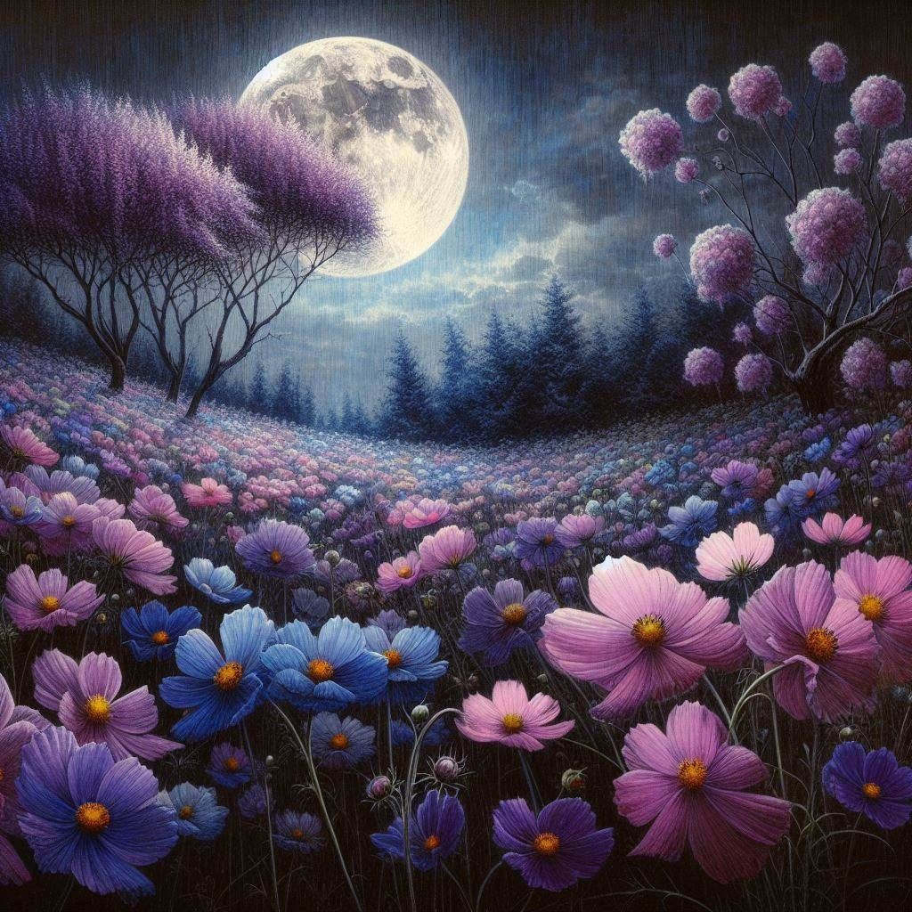 <lora:monstyle3:1.0> Field of purple wildflowers under a full moon