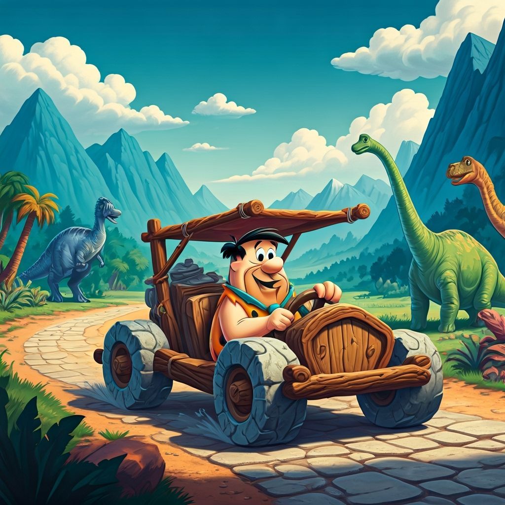 Fred Flintstone Drives Through Jurassic Landscape