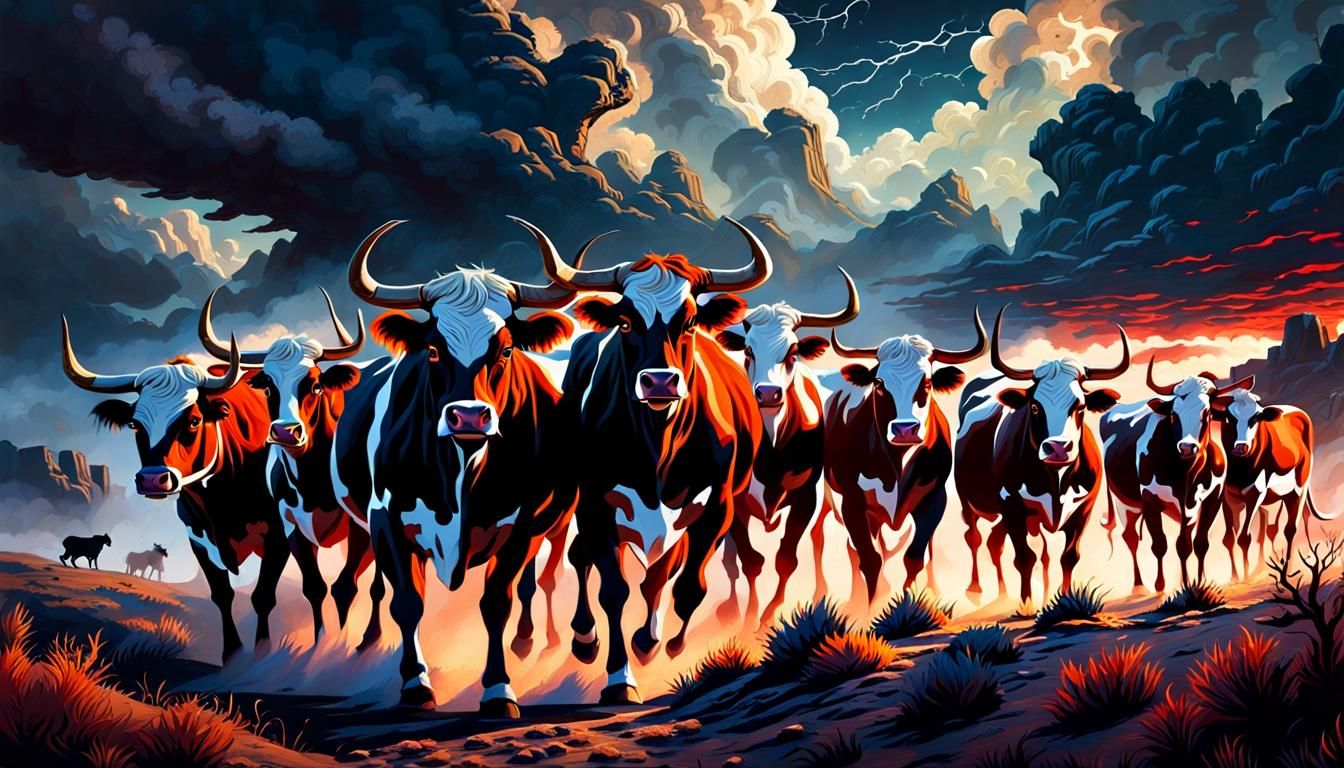 ( ghostly herd of red-eyed cattle running up in the clouds o...