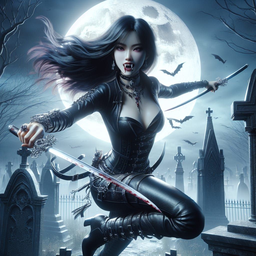 female vampire, showing teeth, black leather top, black leather pants, showing teeth, jumping, holding 2 silver swords, cemetery, moon, digi...
