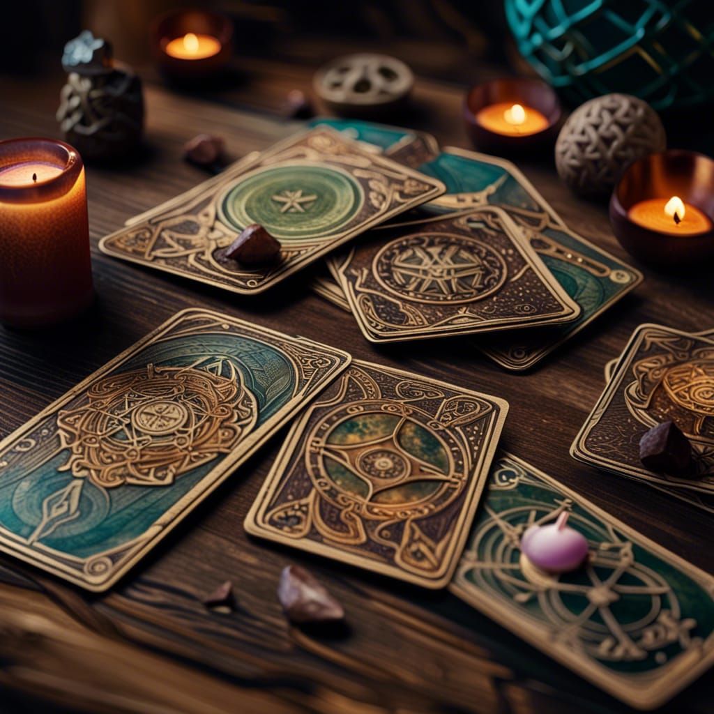 A close-up of a beautiful set of divination tarot cards spread in a messy way on a beautiful wooden table. ...  by @ophelia22