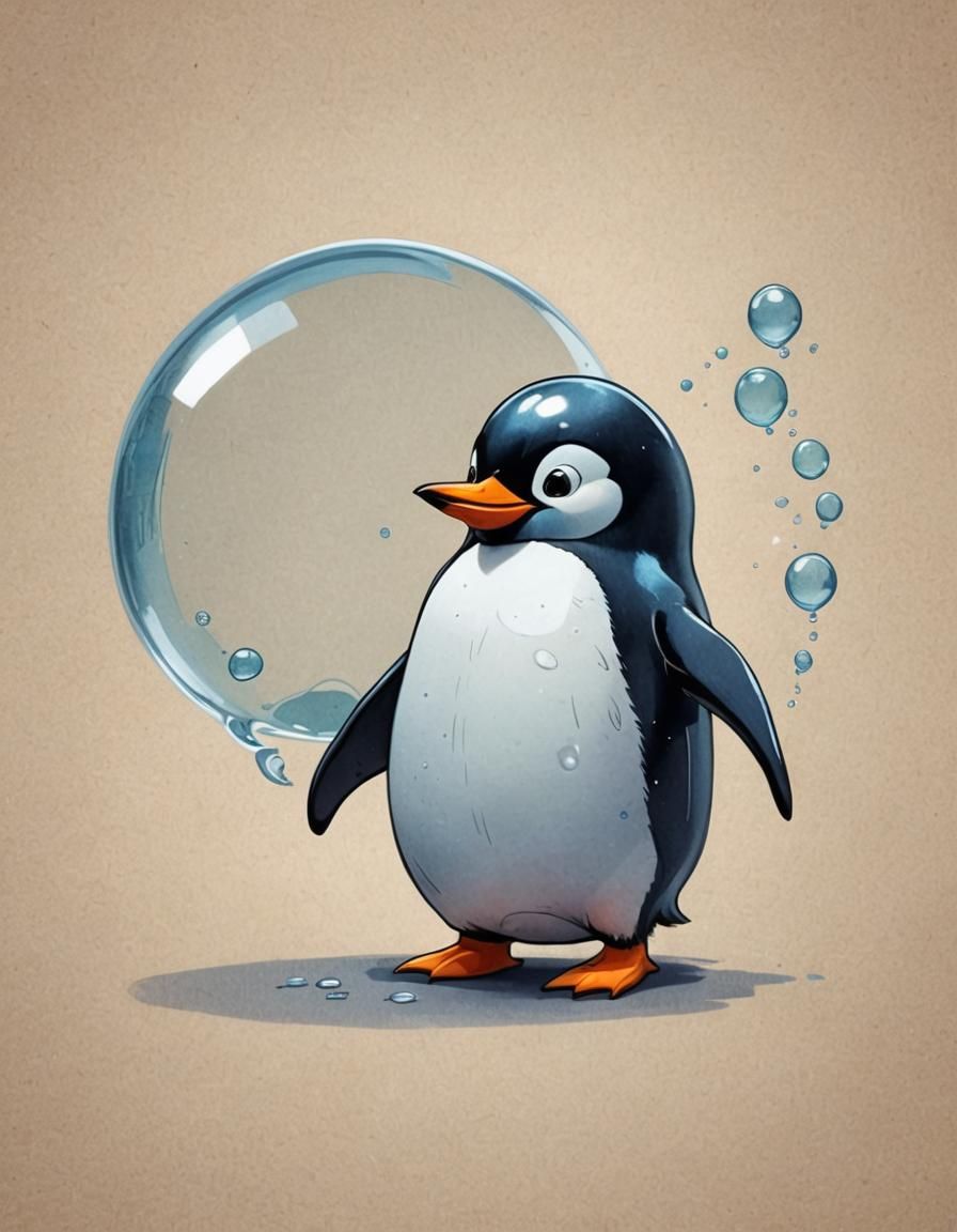 adorable CGI penguin, comic chat bubble; write the word "LOV...