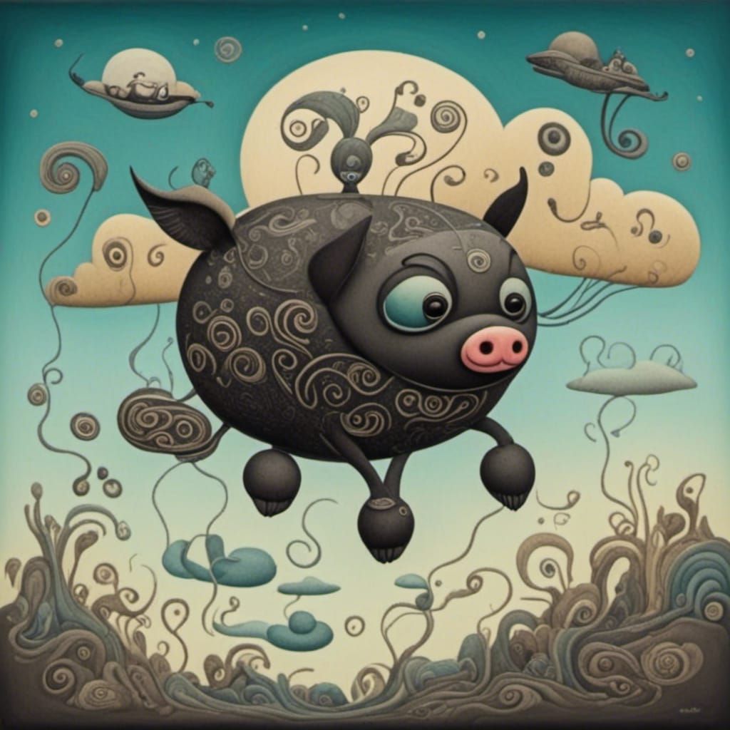 <lora:Charcoal Psychedelic V3:1.0> Cute adorable fat flying robot pig in the clouds 