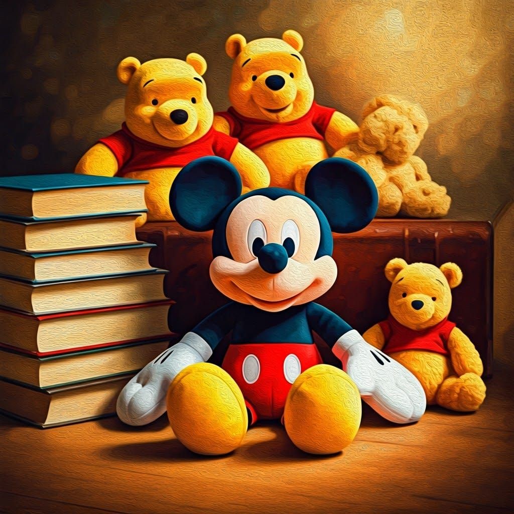 Warm Nursery Scene with Plush Toys and Vintage Books in Impr...