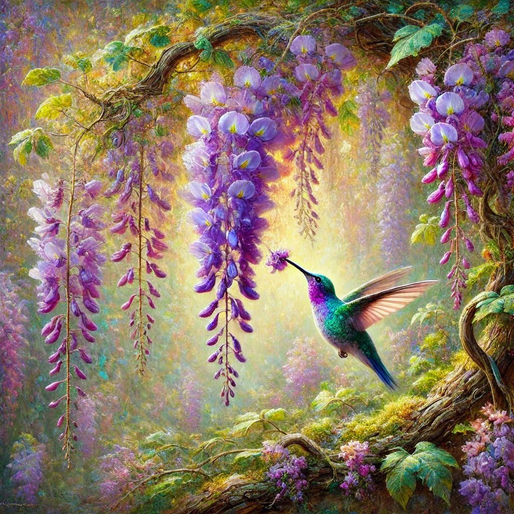 Hummingbird feasting on a cluster of wisteria flowers