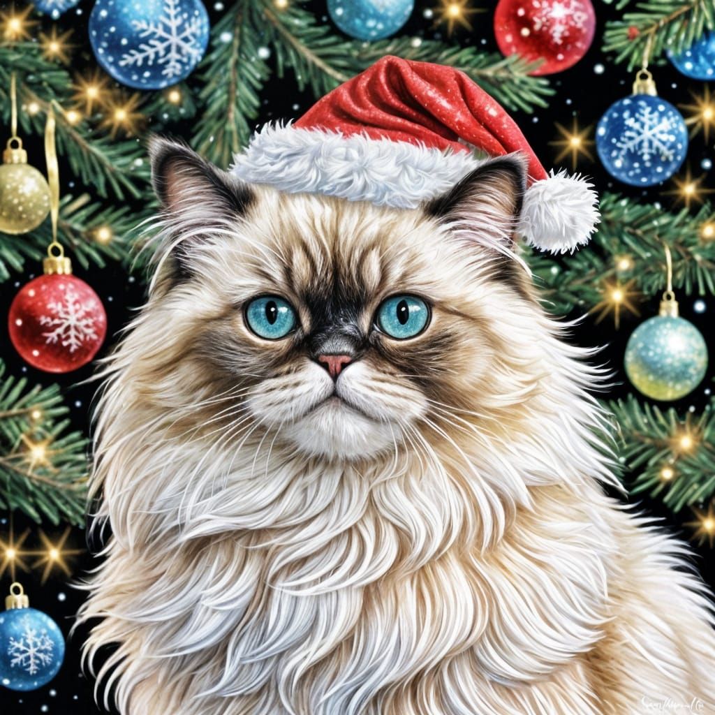 Adorable Himalayan Cat Christmas Watercolor Illustration