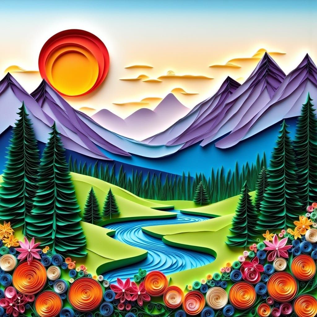 <lora:Quilling Flux:1.0> A beautiful mountain landscape, quilling