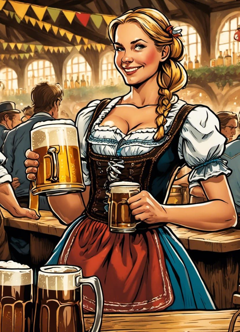 A German waitress carrying beer mugs  in dirndl at Oktoberfe...