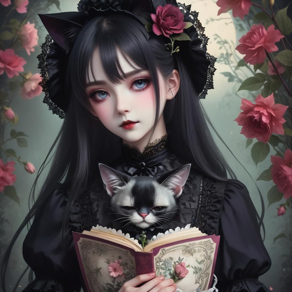 Kawaii Gothic Manga Portrait of Cat-Eared Girl