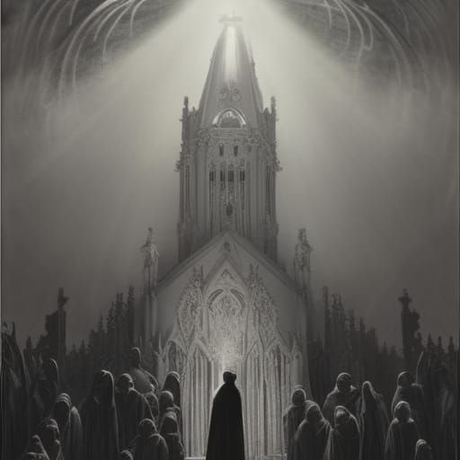 A dark, foreboding church, with stained glass windows that h...