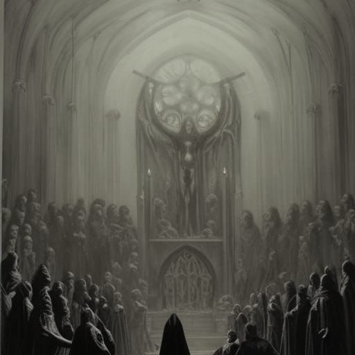 A dark, foreboding church, with stained glass windows that h...