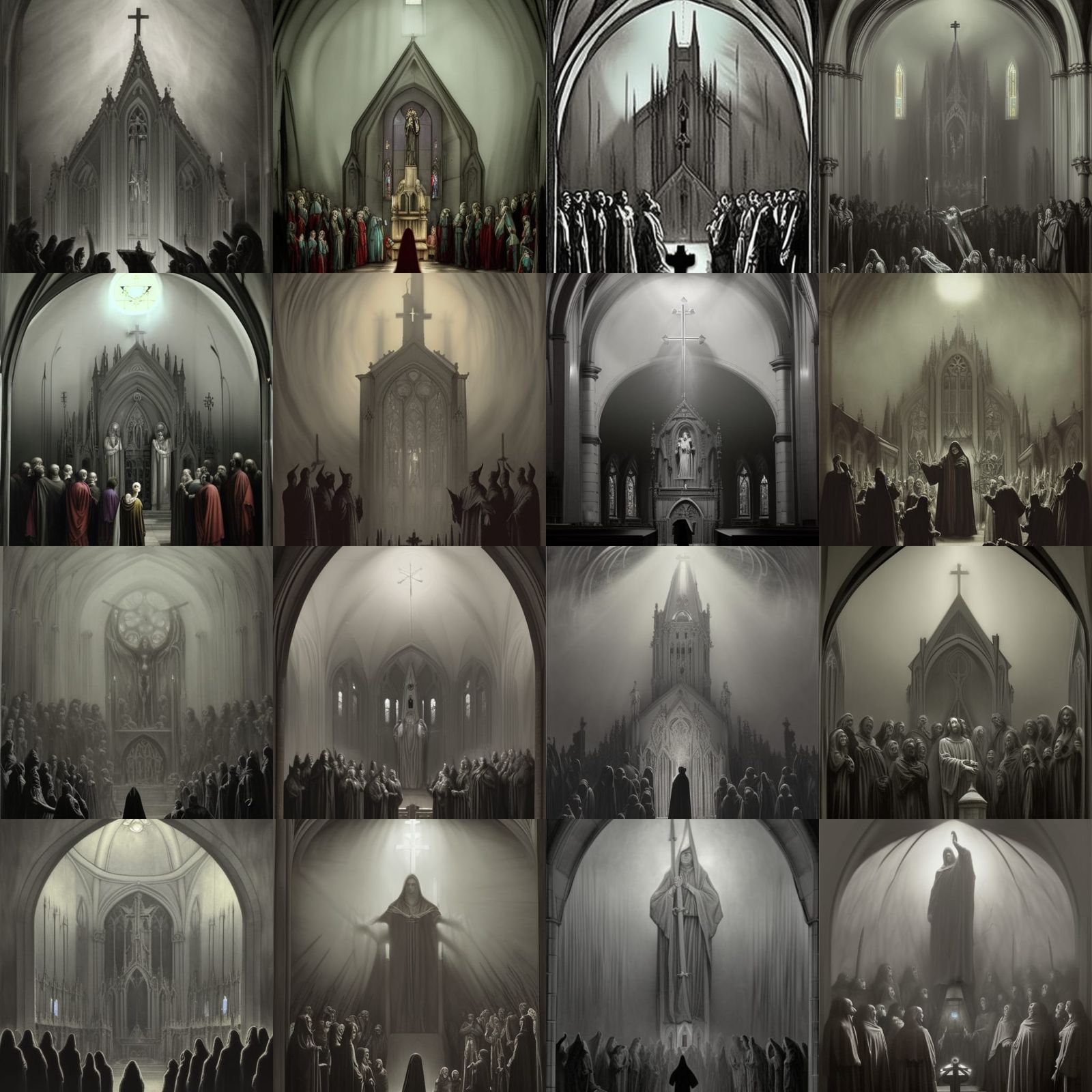A dark, foreboding church, with stained glass windows that h...