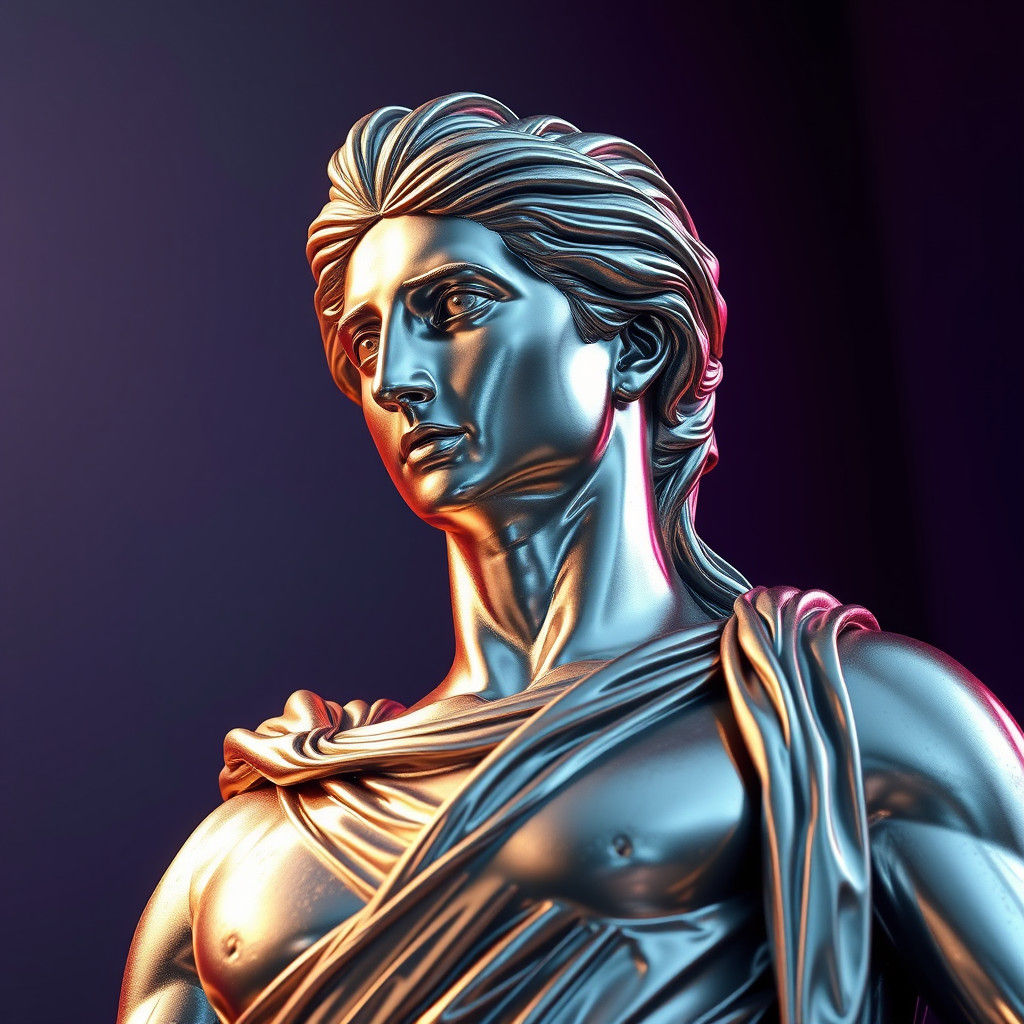 A stunning 3D render of a shiny silver metal statue inspired by ancient Greek artistry, showcasing intricate details of flowing drapery and...