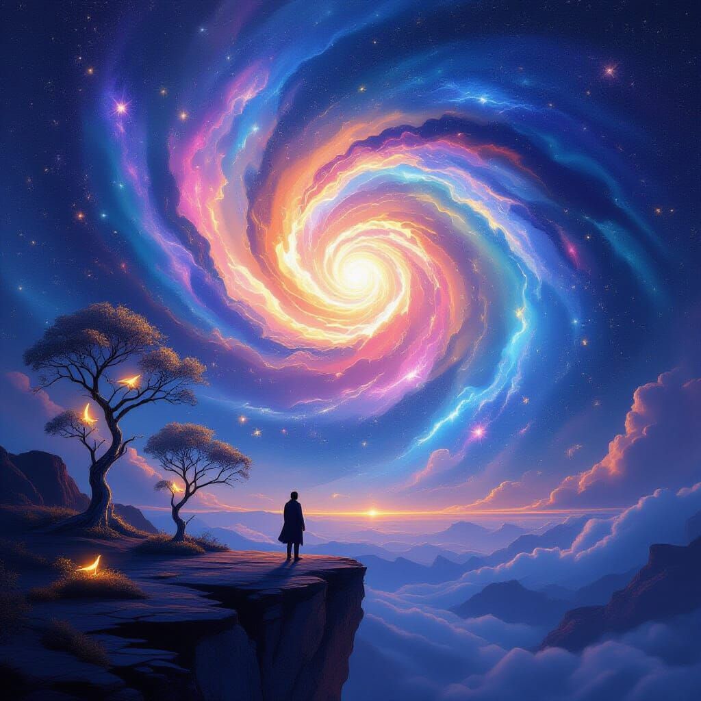 Cosmic Night Sky with Glowing Galaxies and Glass Trees