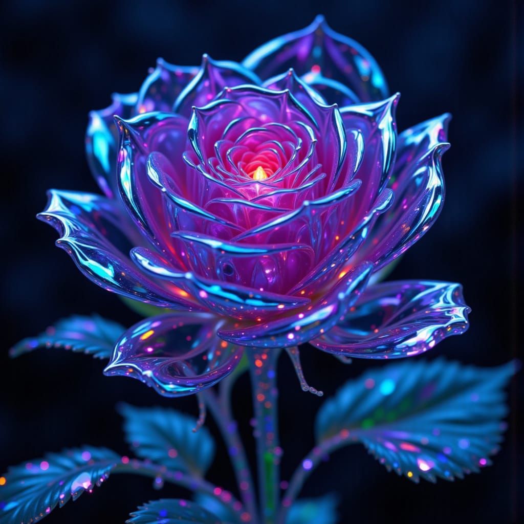 A beautiful image of a glass teal rose, glass rose, purple glass rose Blacklight fx using blacklight effect on said glass rose <lora:PrismVe...