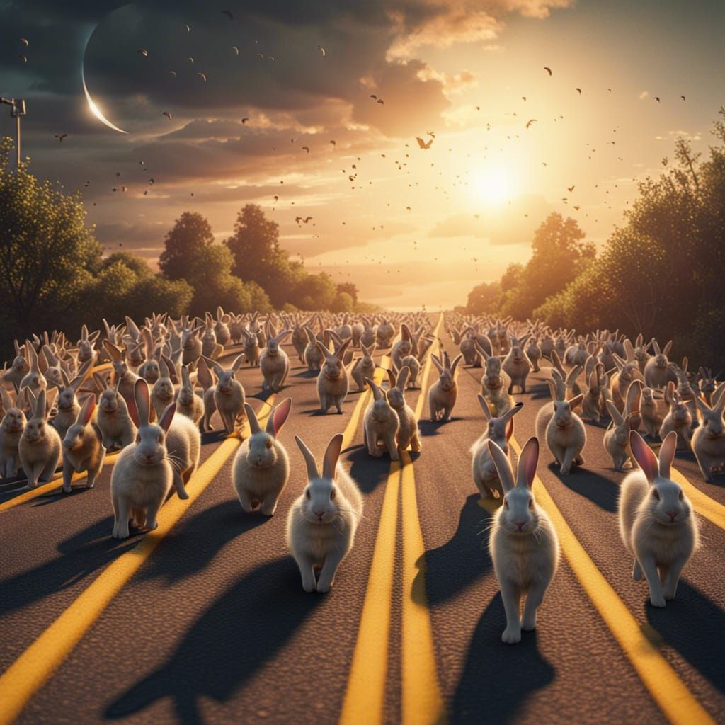 Photo-realistic image of 500 rabbits running along a highway...
