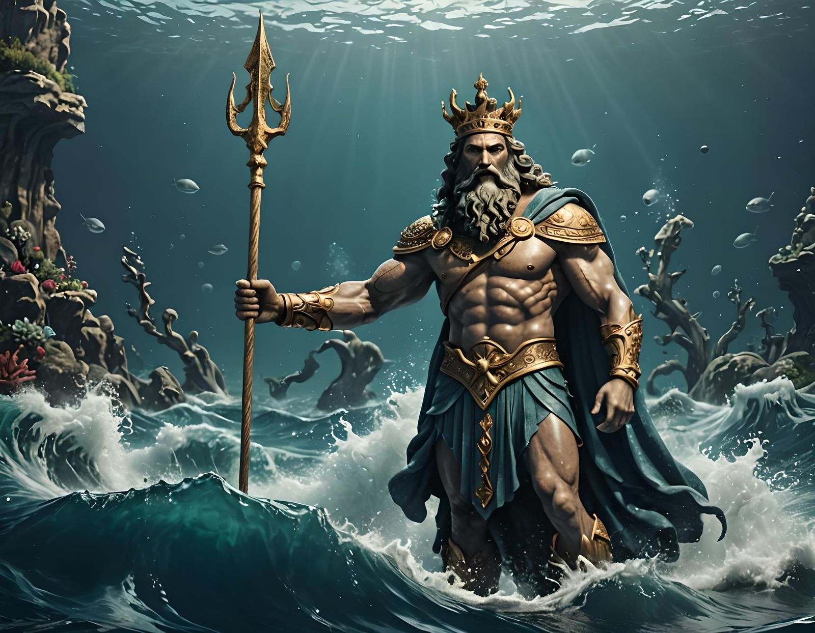 poseidon with a spear standing in the ocean depth with a cro...