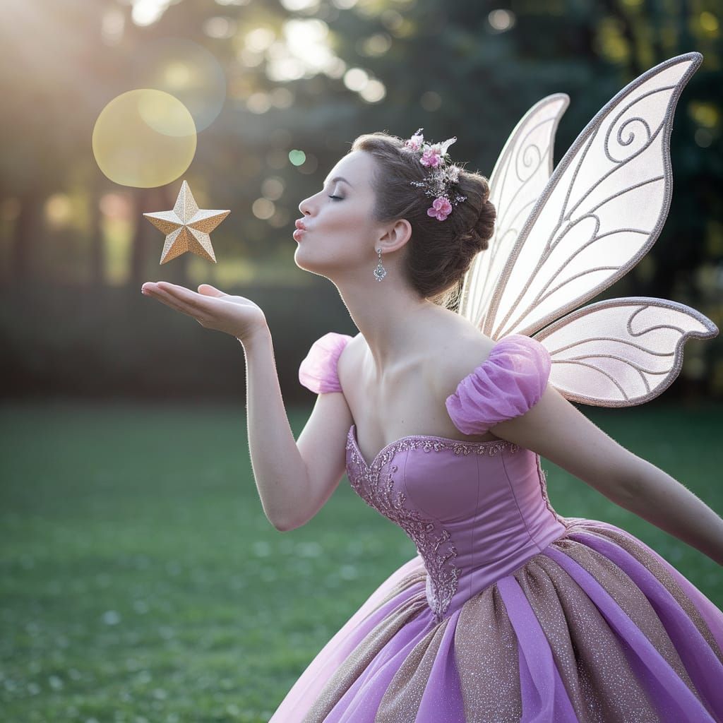 Fairy Woman in Elegant Dress Blows a Kiss to the Star