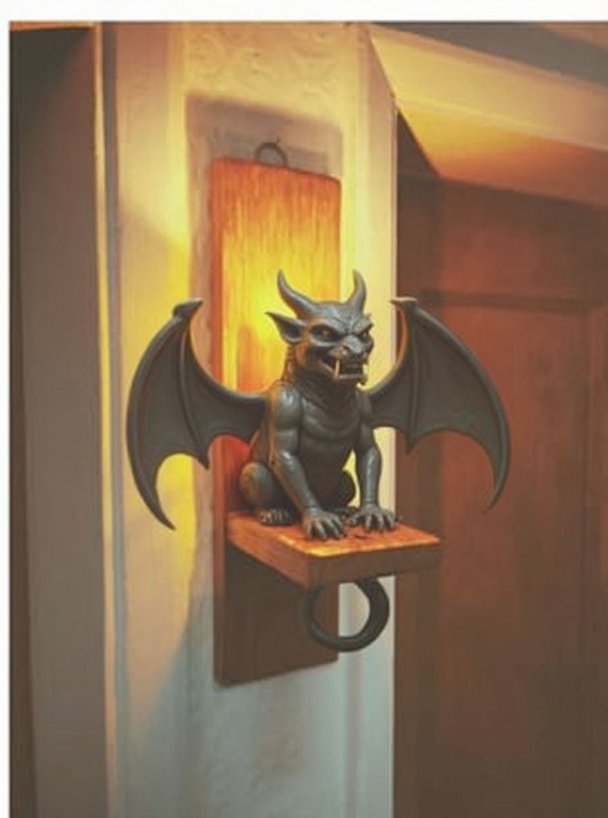 gargoyle on a wooden shelf