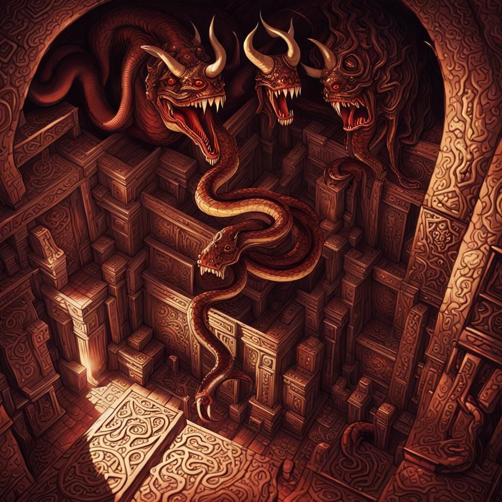 Dark fantasy illustration. Medium shot. Snake minotaur eats a warrior in a dimly lit ancient temple. Low-angle shot. Inspired by H.R. Giger....
