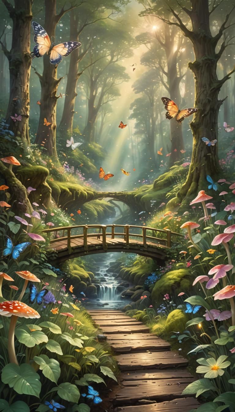 A lush, magical green forest filled with flowers, butterflies and mushrooms